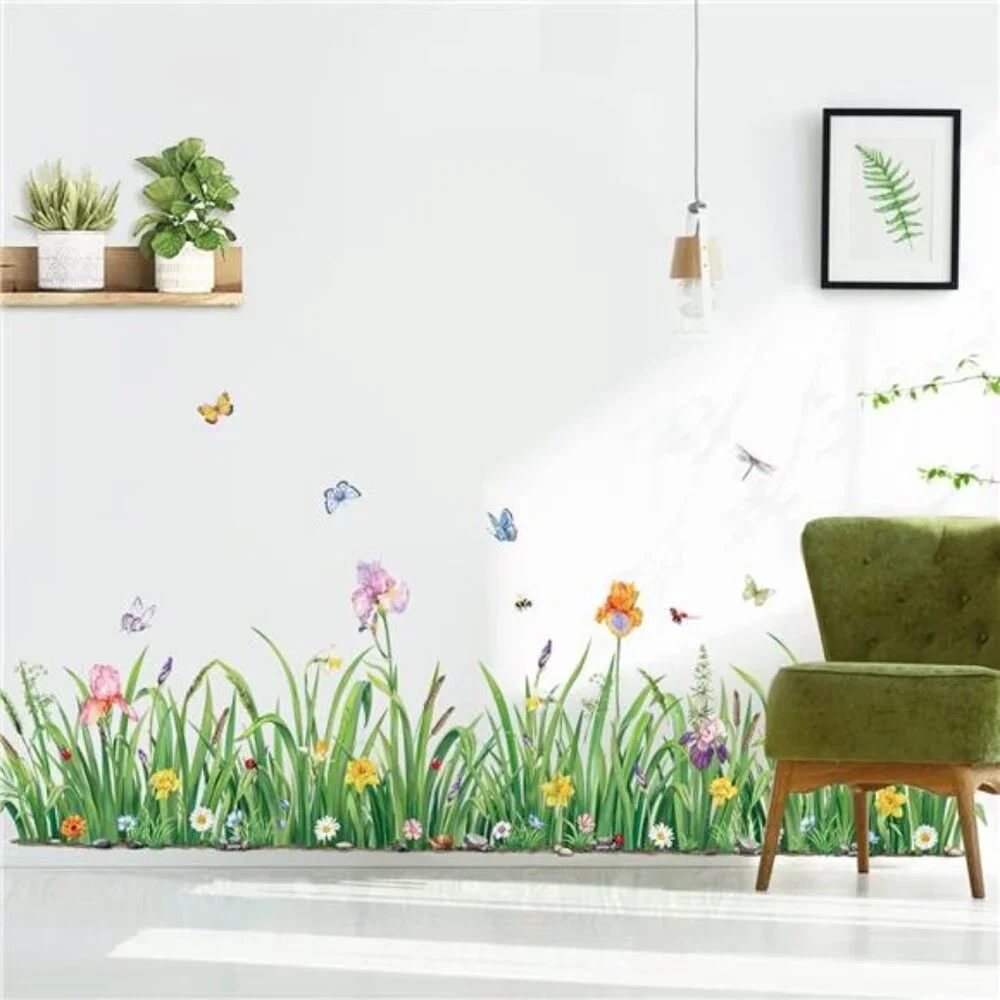Green Grass Flower Wall Decals Floral Butterfly Baseboard Skirting Stickers
